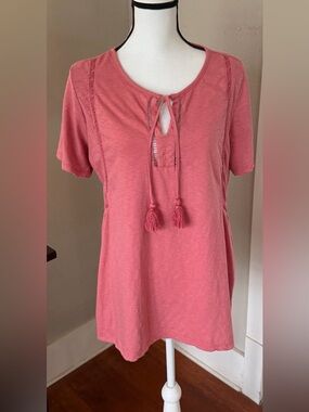 Wonderly Coral Pink Tassel Tie Short Sleeve Tunic